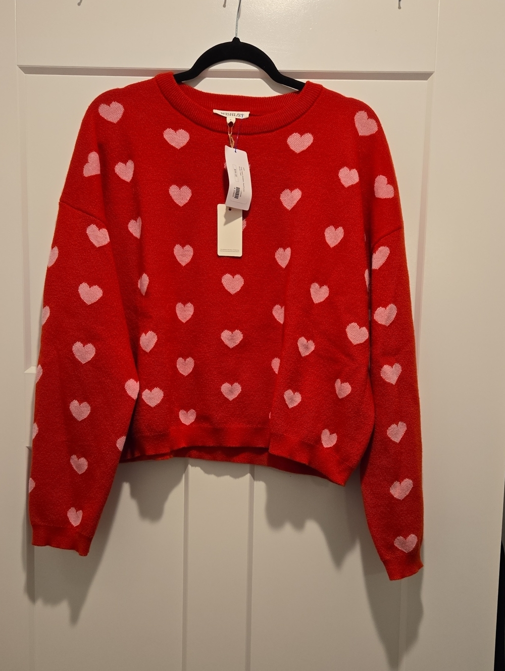 Wishlist Red Crewneck Sweater with Pink Heart Pattern - Picture 1 of 3